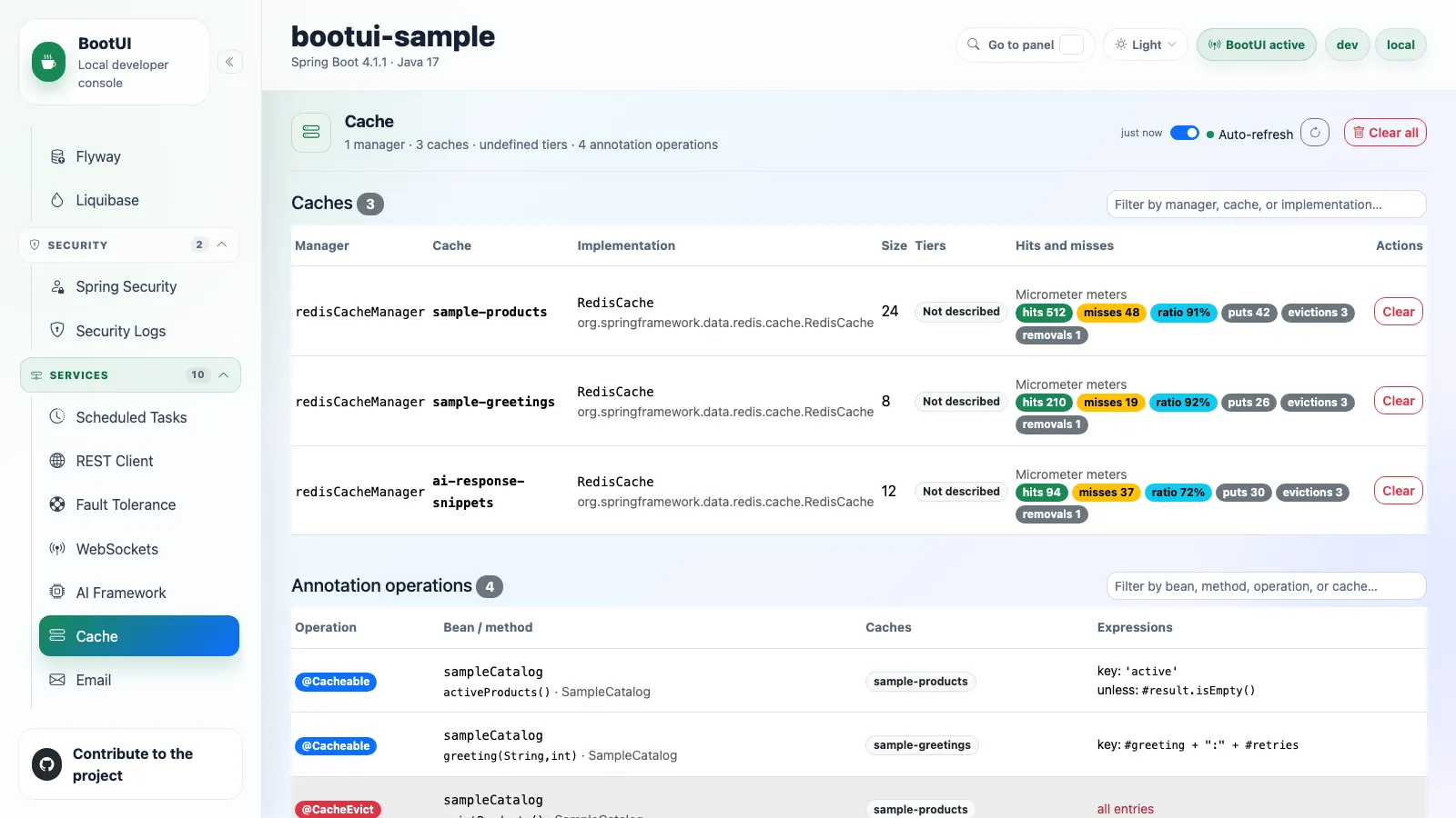 BootUI Cache panel