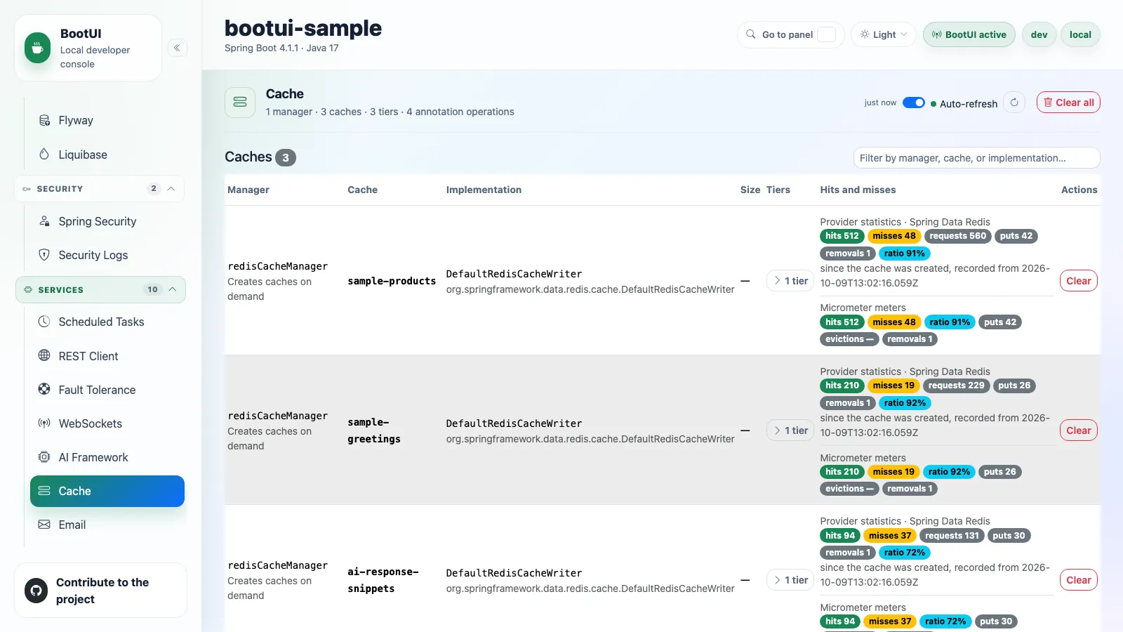 BootUI Cache panel
