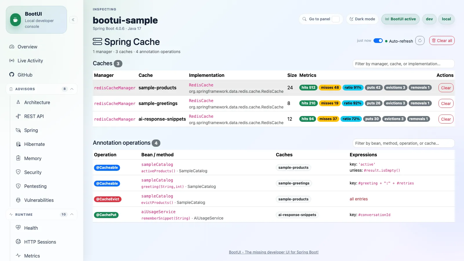 BootUI Cache panel