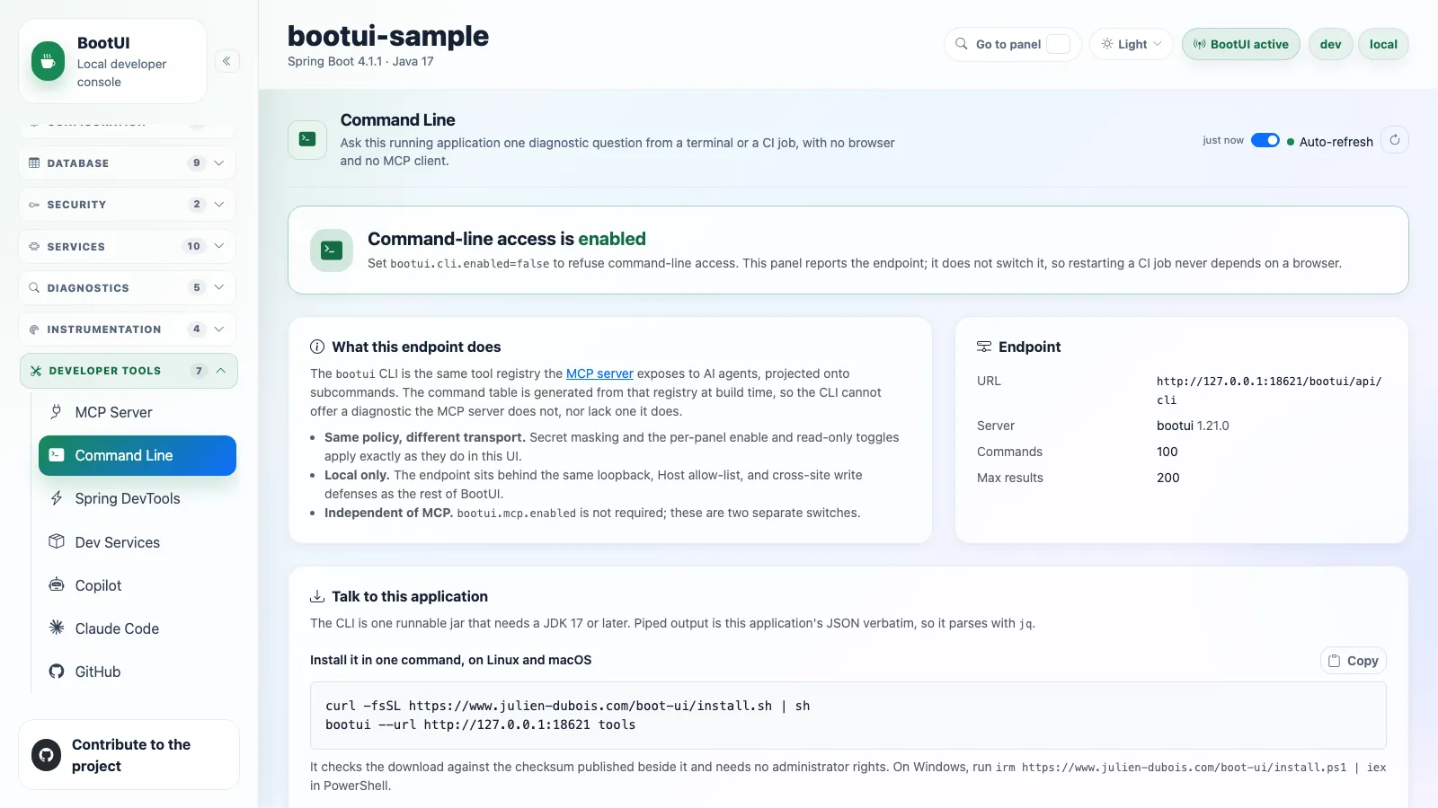 BootUI Command Line panel