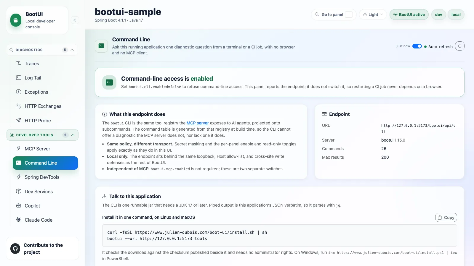 BootUI Command Line panel