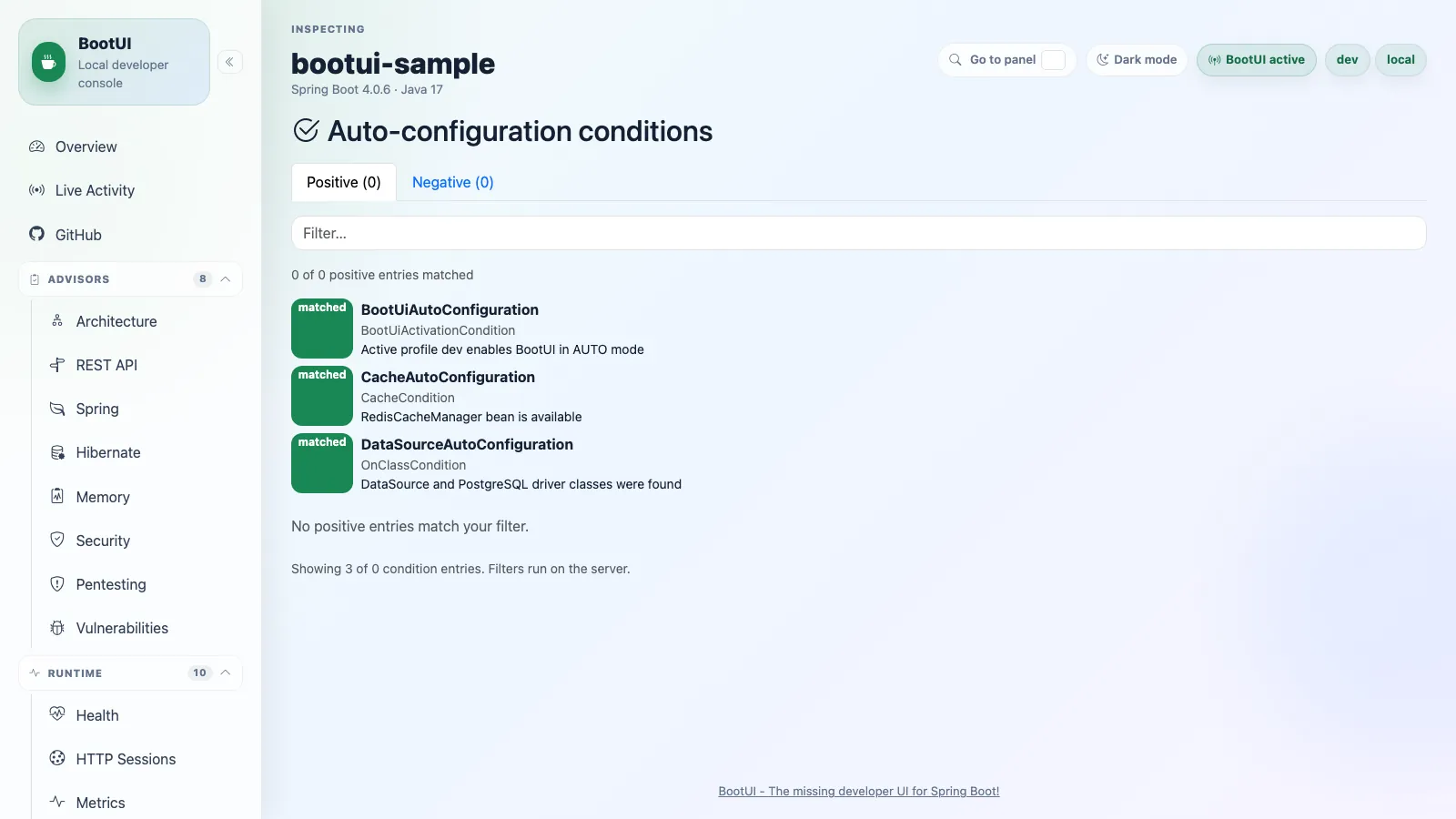BootUI Conditions panel