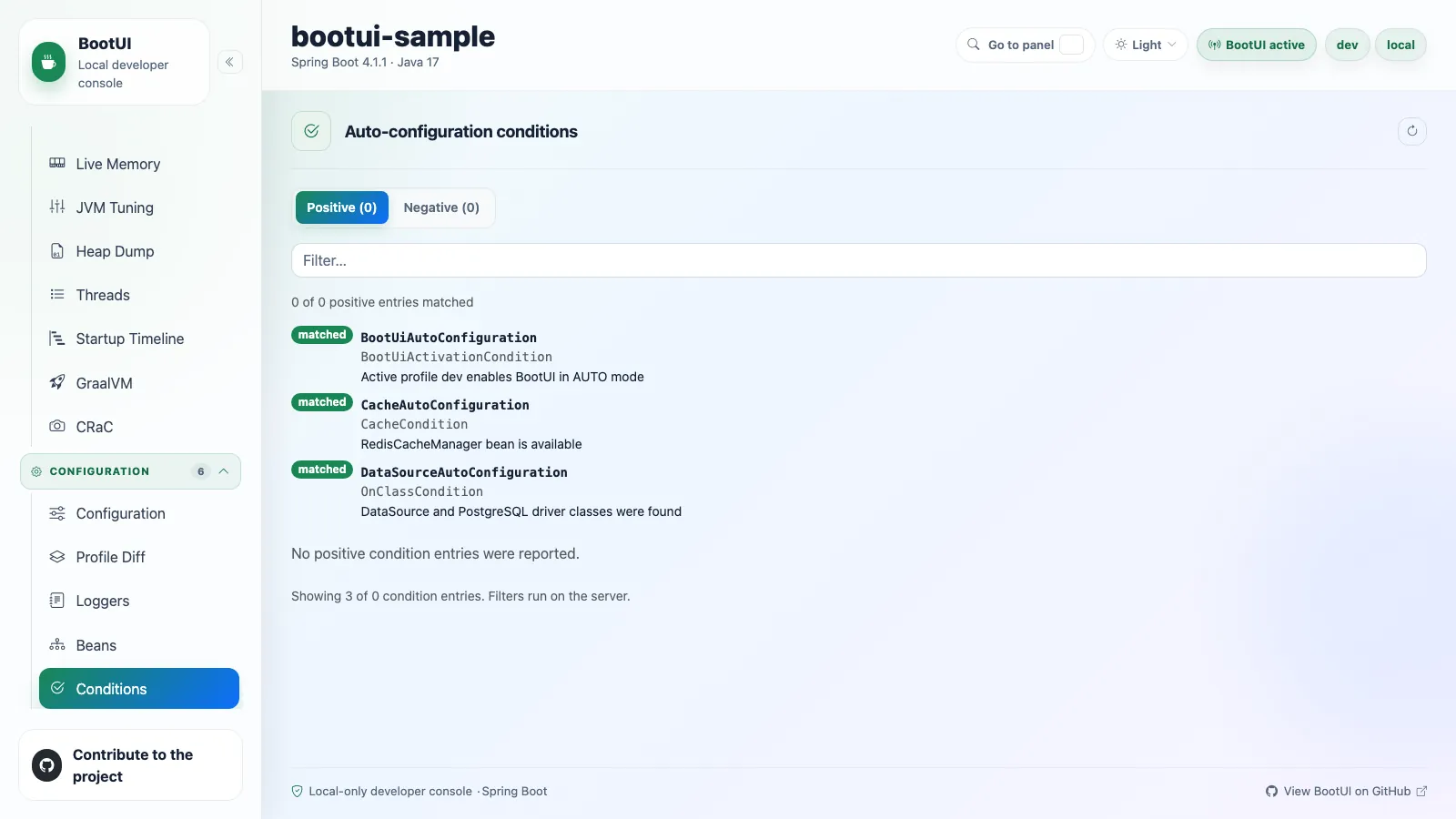 BootUI Conditions panel