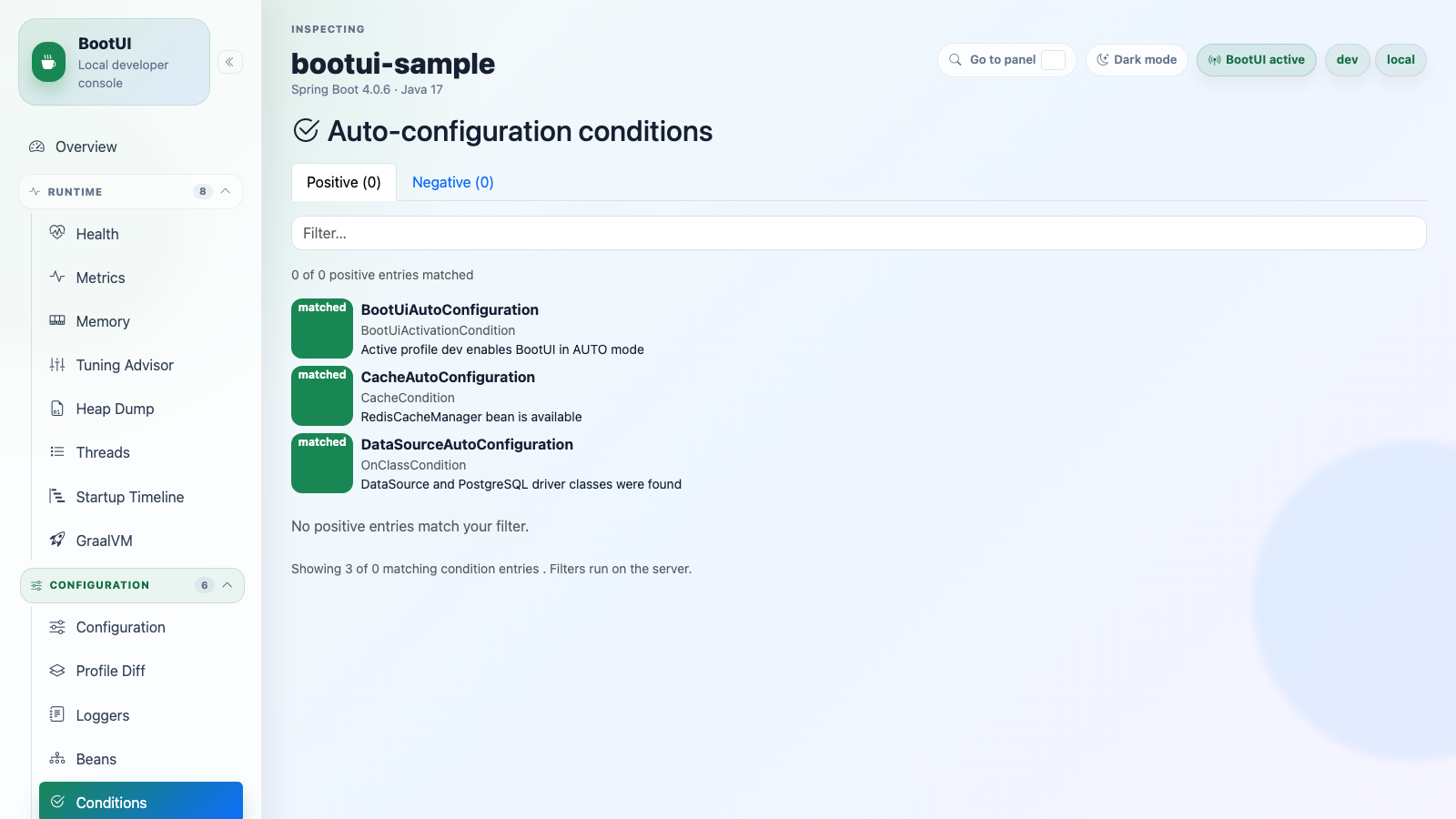 BootUI Conditions panel