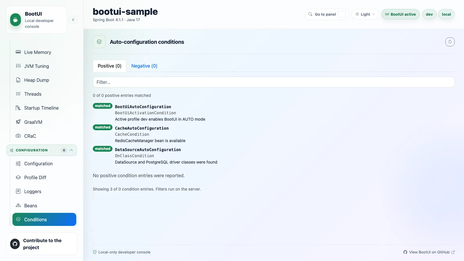 BootUI Conditions panel