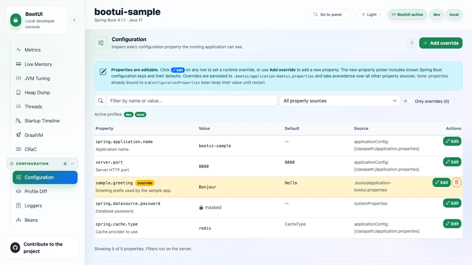 BootUI Configuration panel