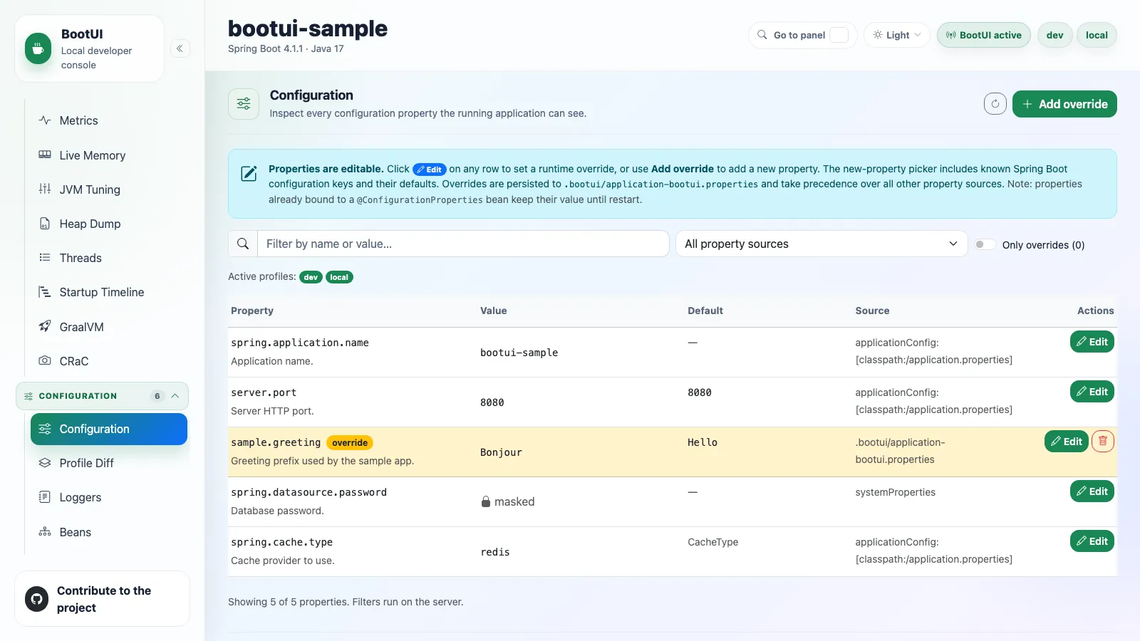 BootUI Configuration panel