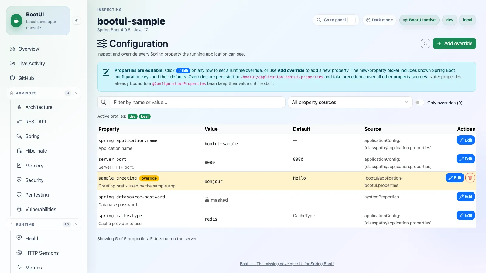 BootUI Configuration panel
