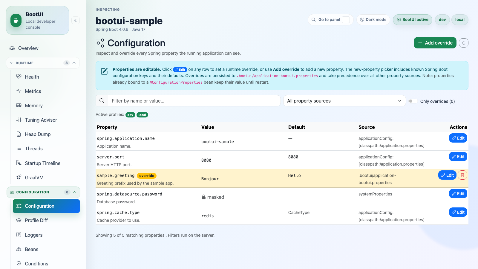 BootUI Configuration panel