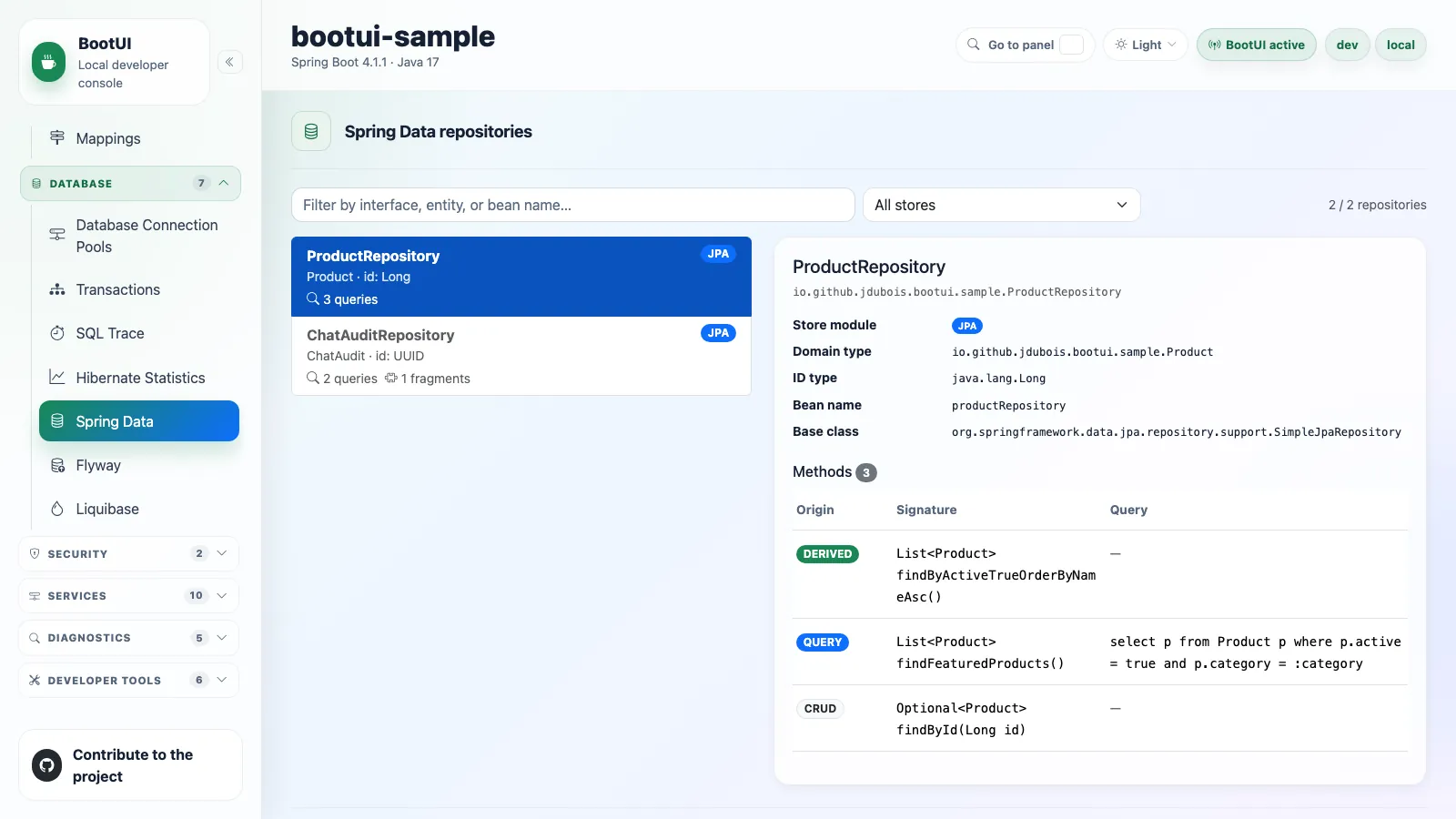 BootUI Spring Data panel