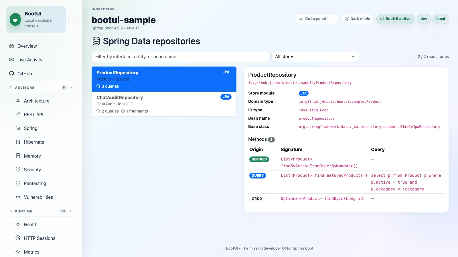 BootUI Spring Data panel