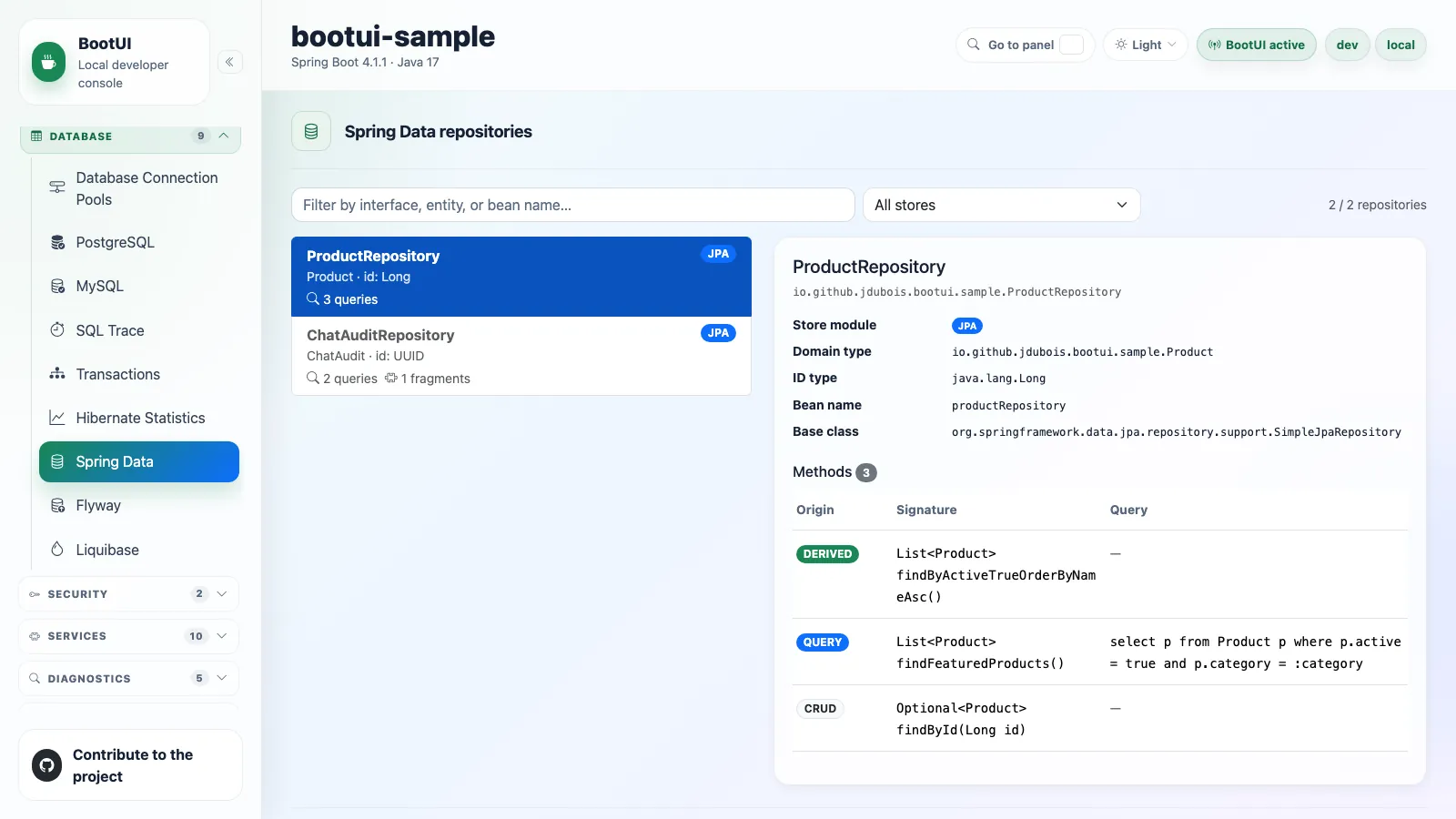 BootUI Spring Data panel