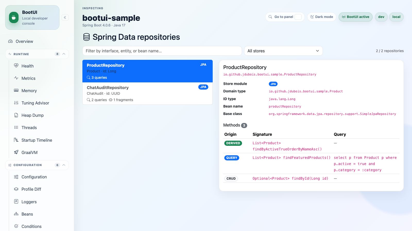 BootUI Spring Data panel