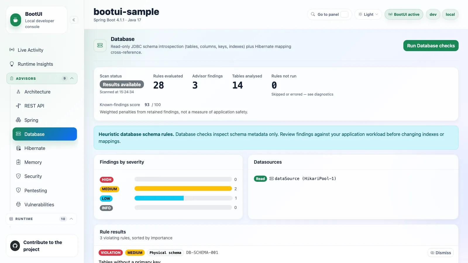 BootUI Database panel