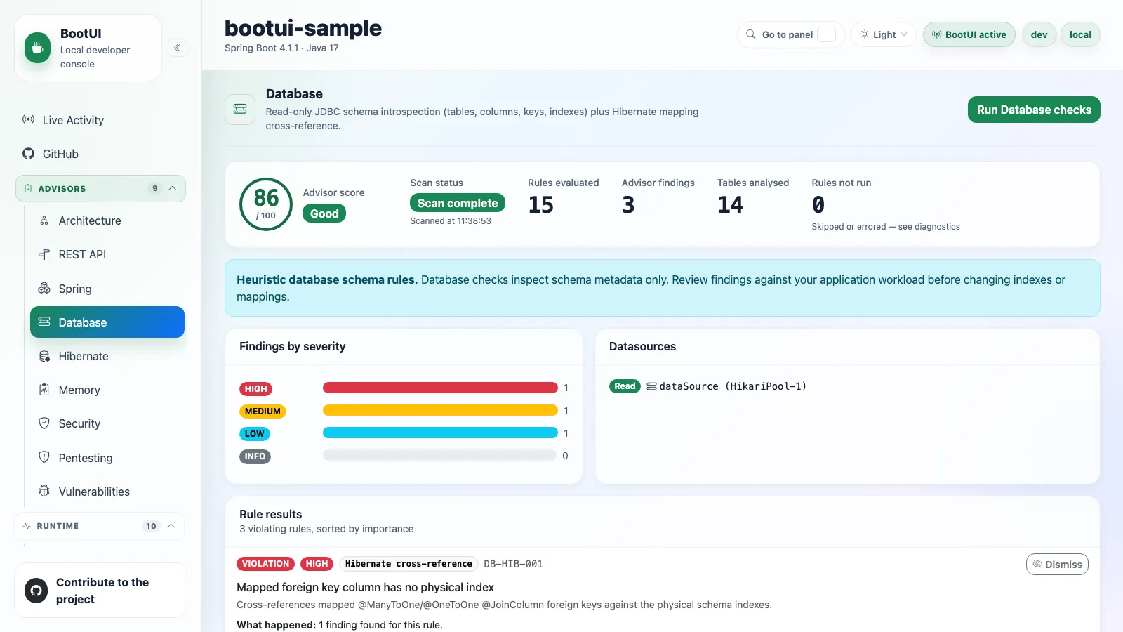 BootUI Database panel