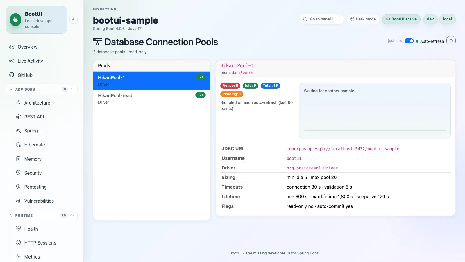 BootUI Database Connection Pools panel