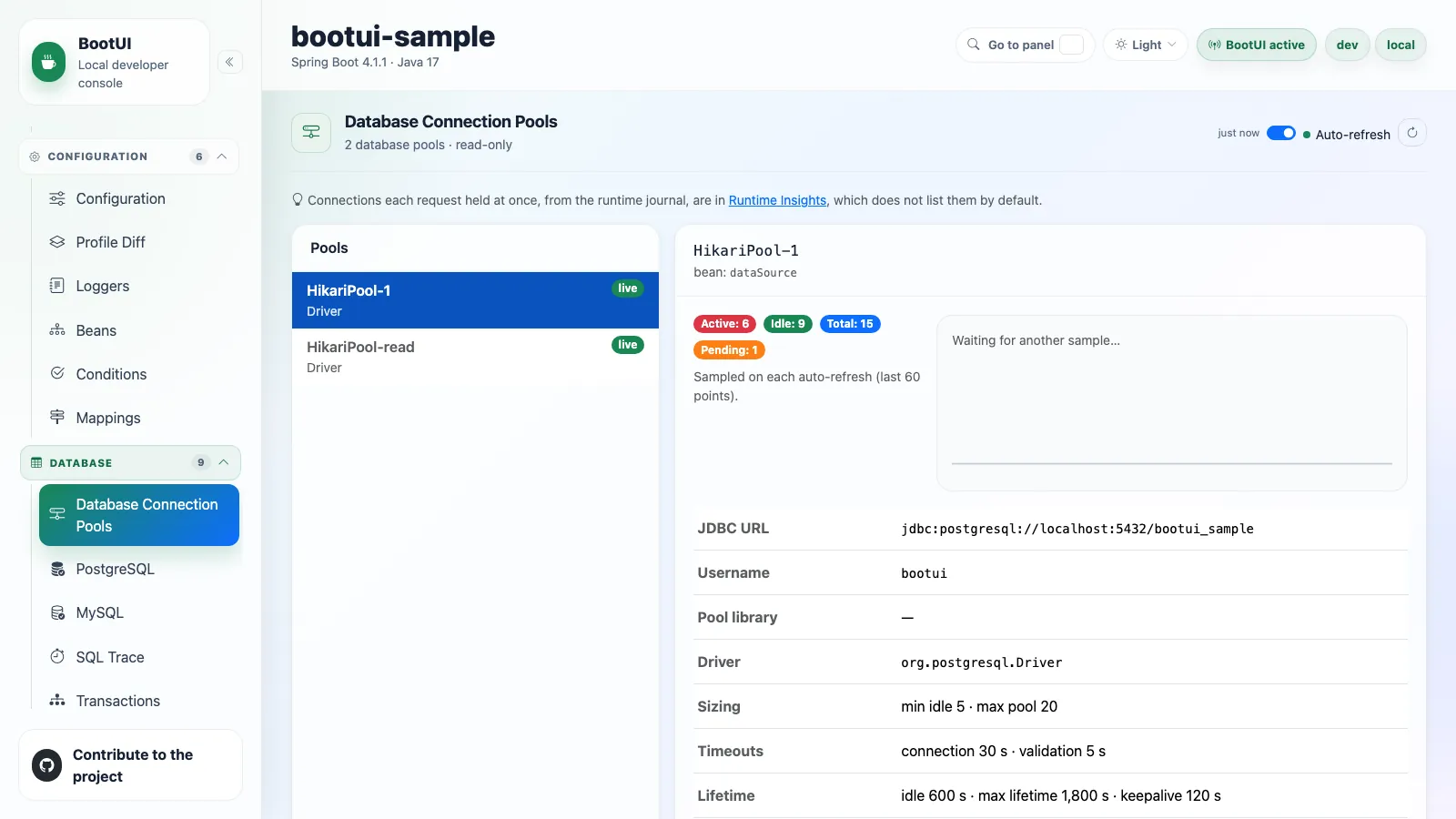 BootUI Database Connection Pools panel