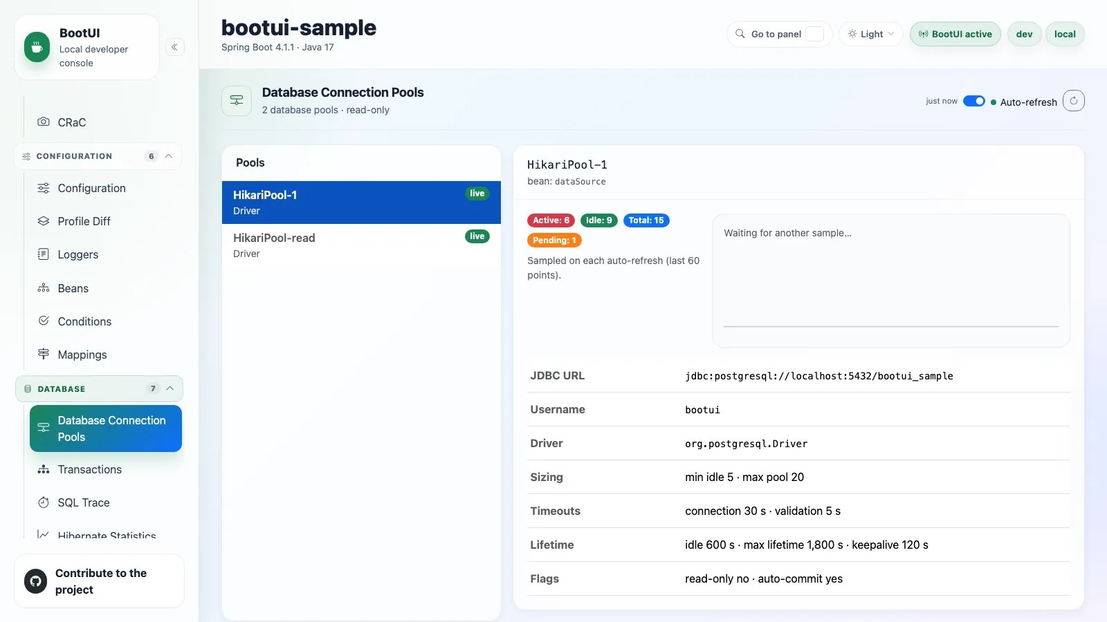BootUI Database Connection Pools panel