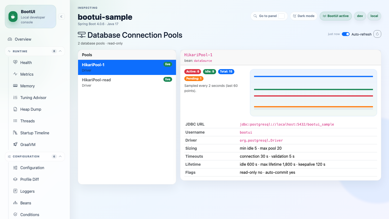 BootUI Database Connection Pools panel