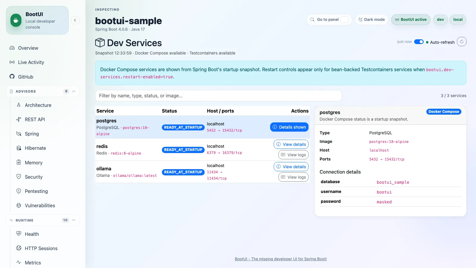 BootUI Dev Services panel
