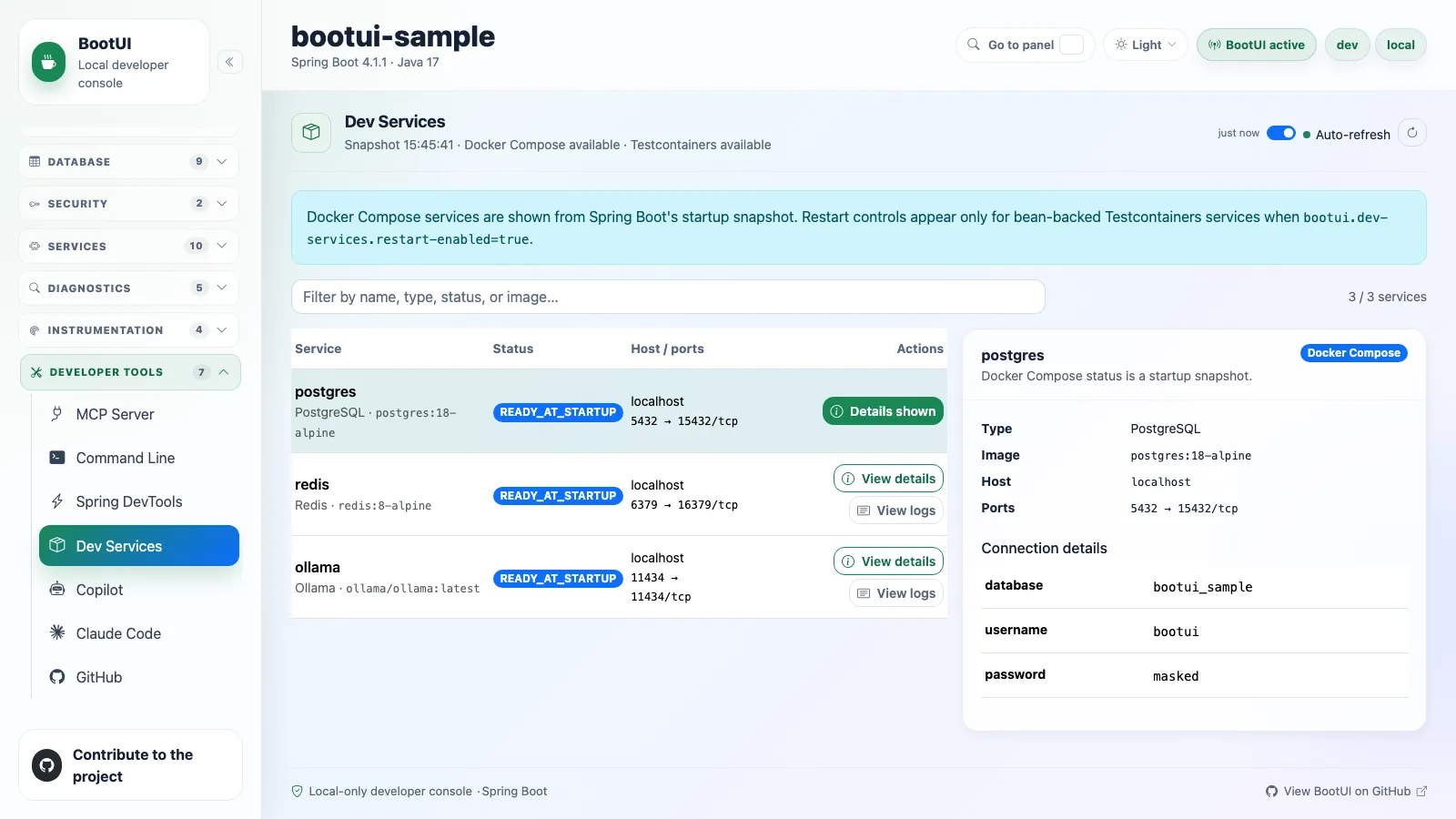 BootUI Dev Services panel