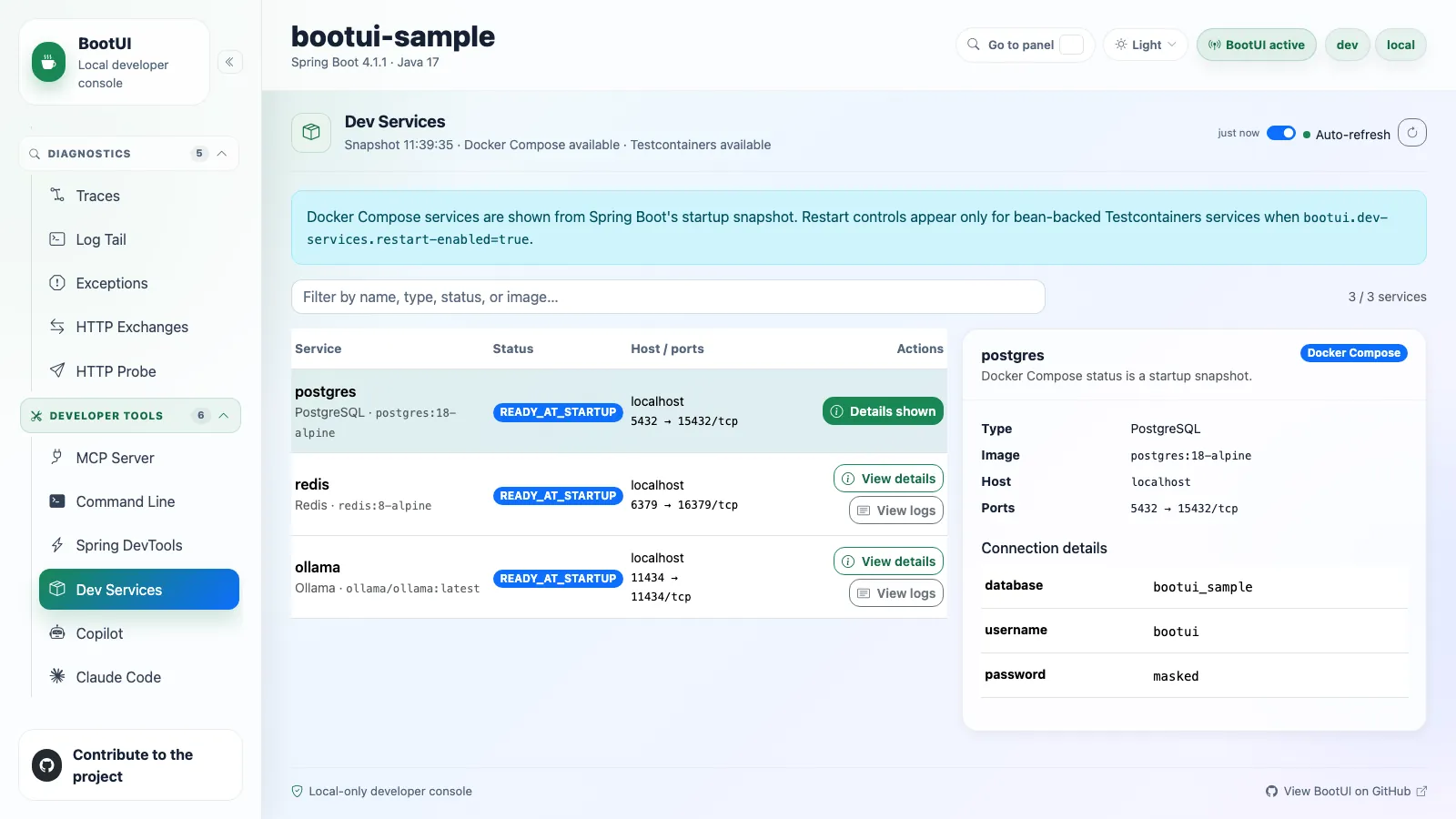 BootUI Dev Services panel