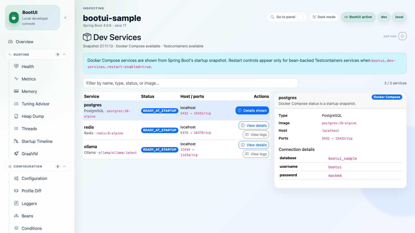 BootUI Dev Services panel