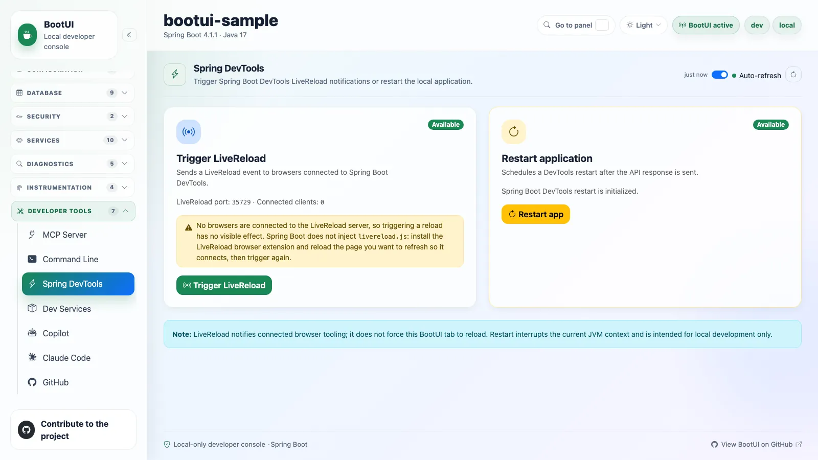 BootUI Spring DevTools panel