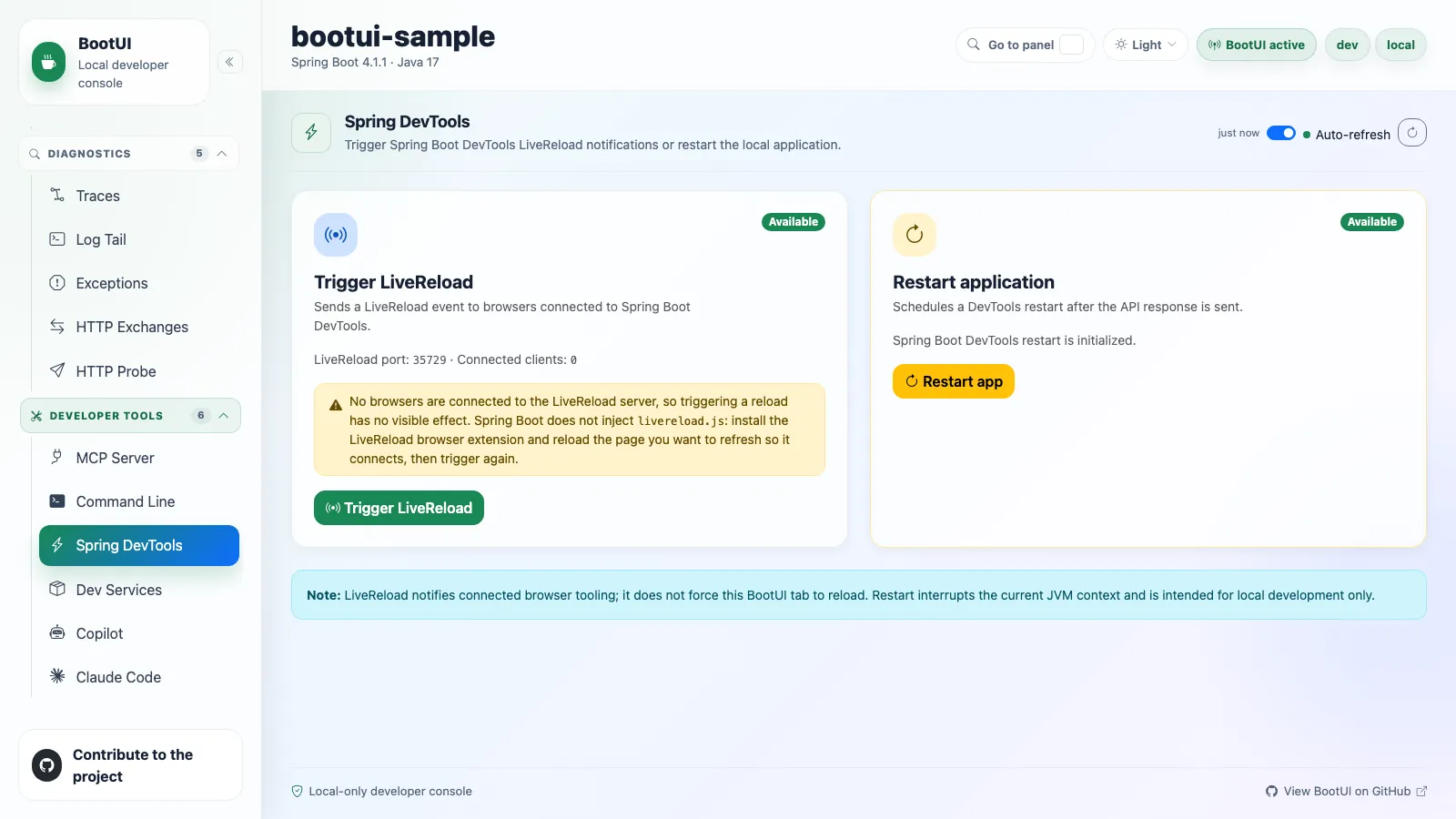 BootUI Spring DevTools panel