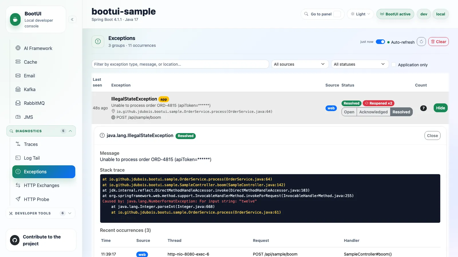 BootUI Exceptions panel
