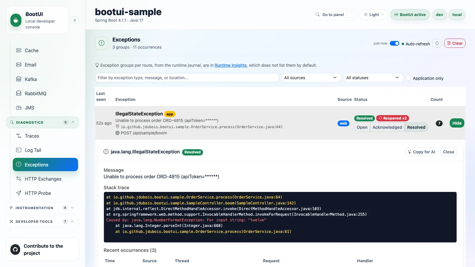 BootUI Exceptions panel