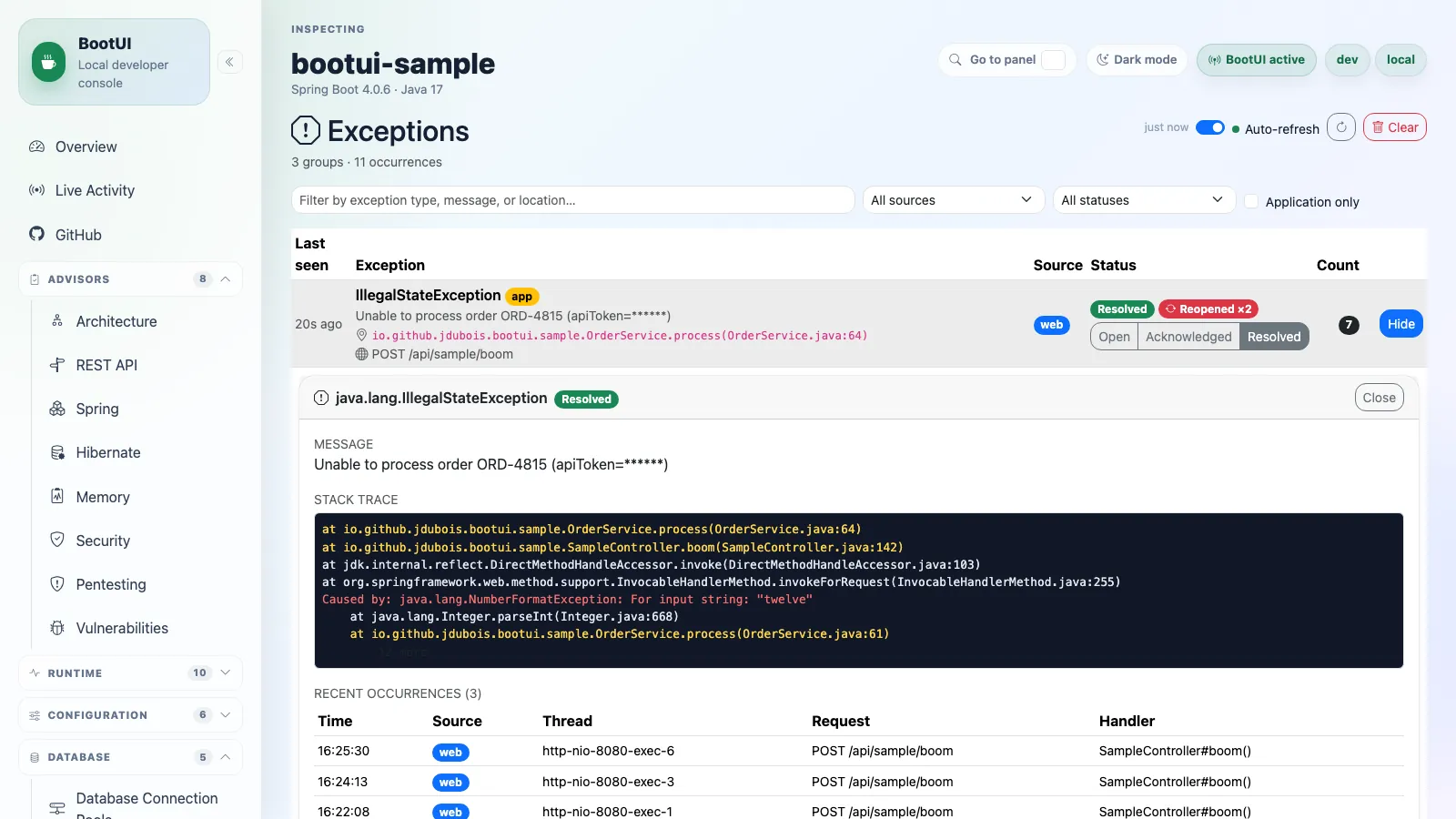 BootUI Exceptions panel
