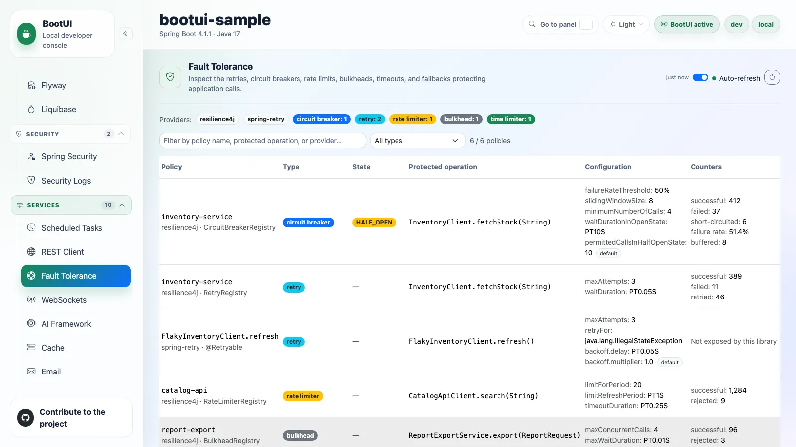 BootUI Fault Tolerance panel