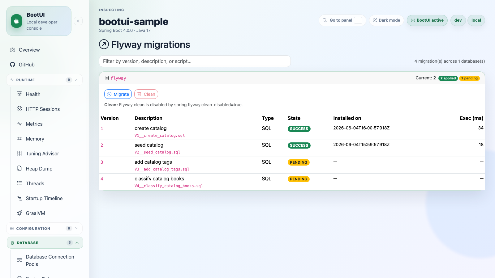 BootUI Flyway panel