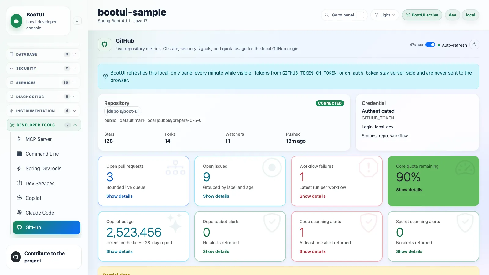BootUI GitHub panel