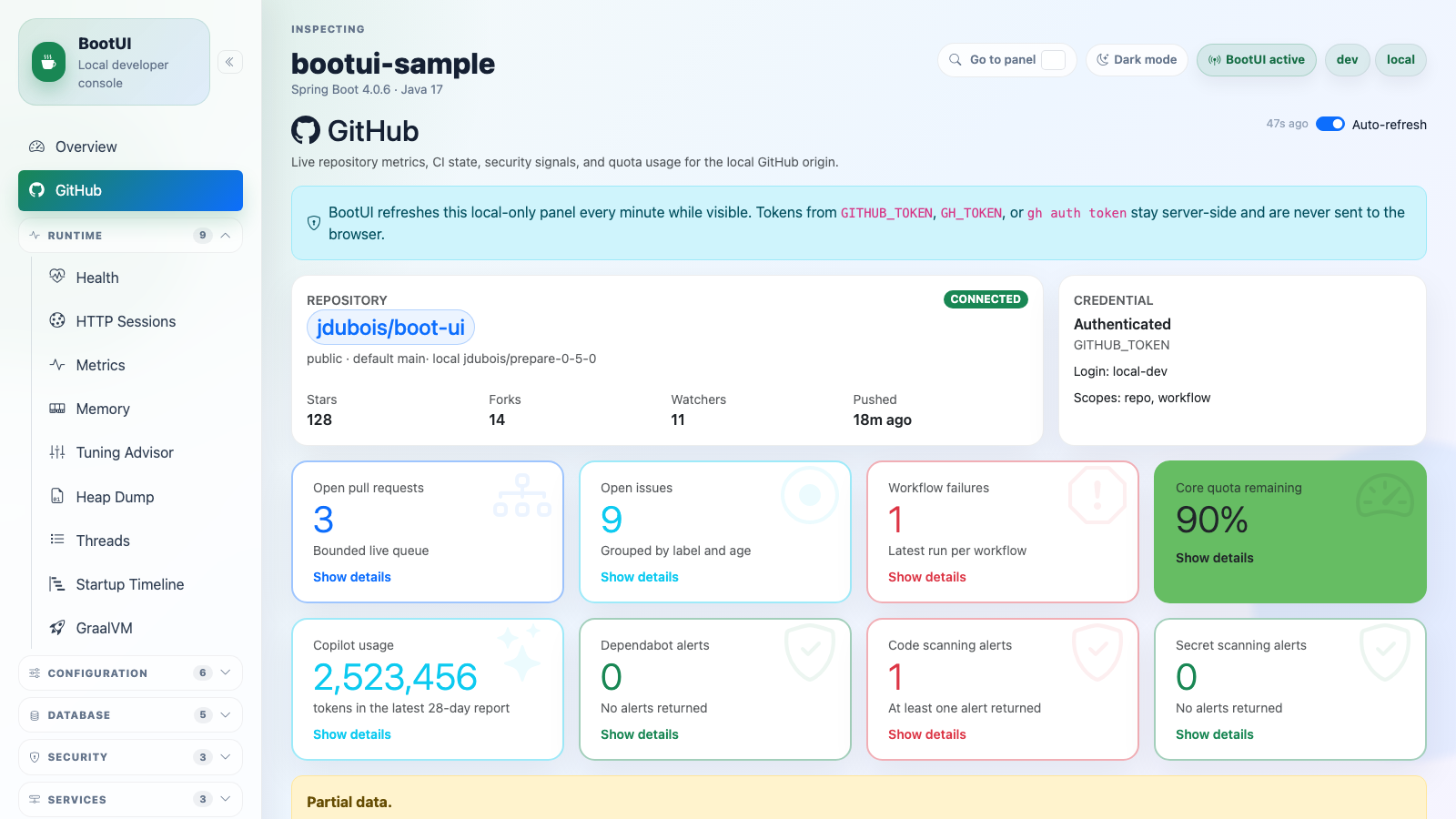 BootUI GitHub panel