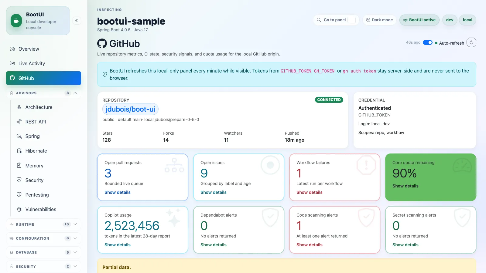 BootUI GitHub panel