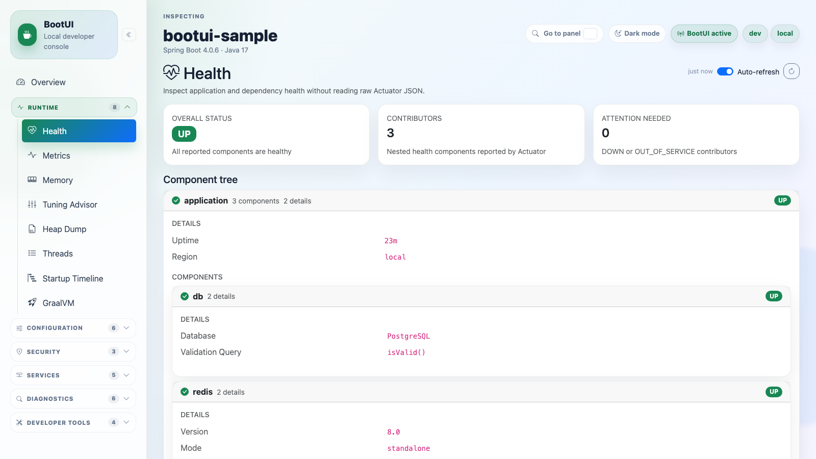 BootUI Health panel