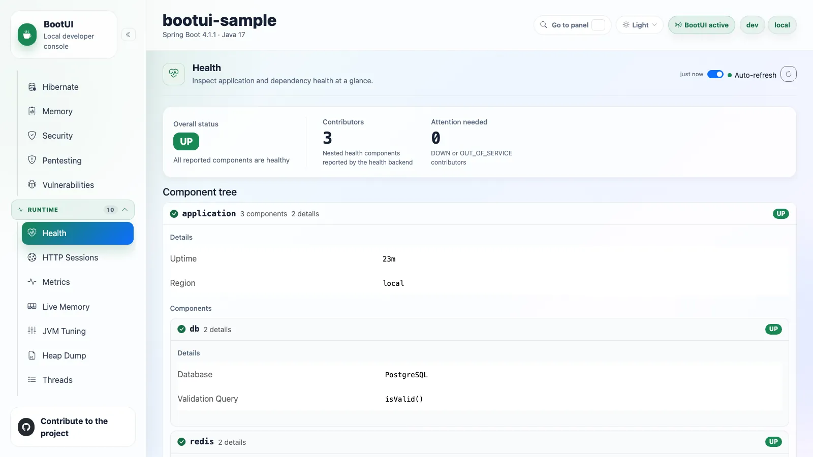 BootUI Health panel
