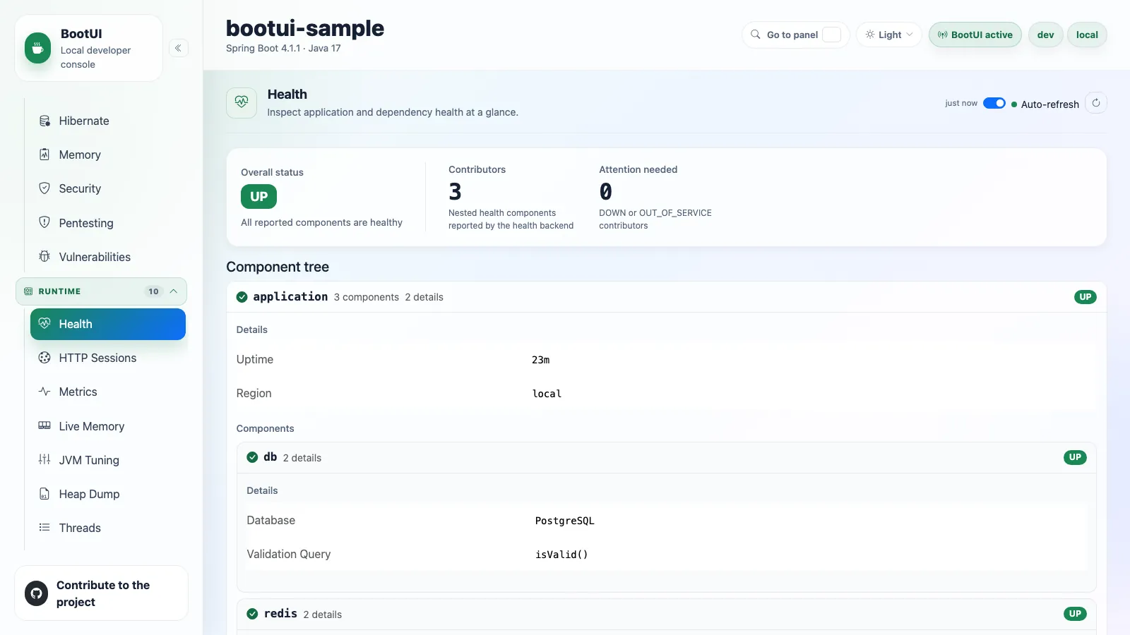 BootUI Health panel