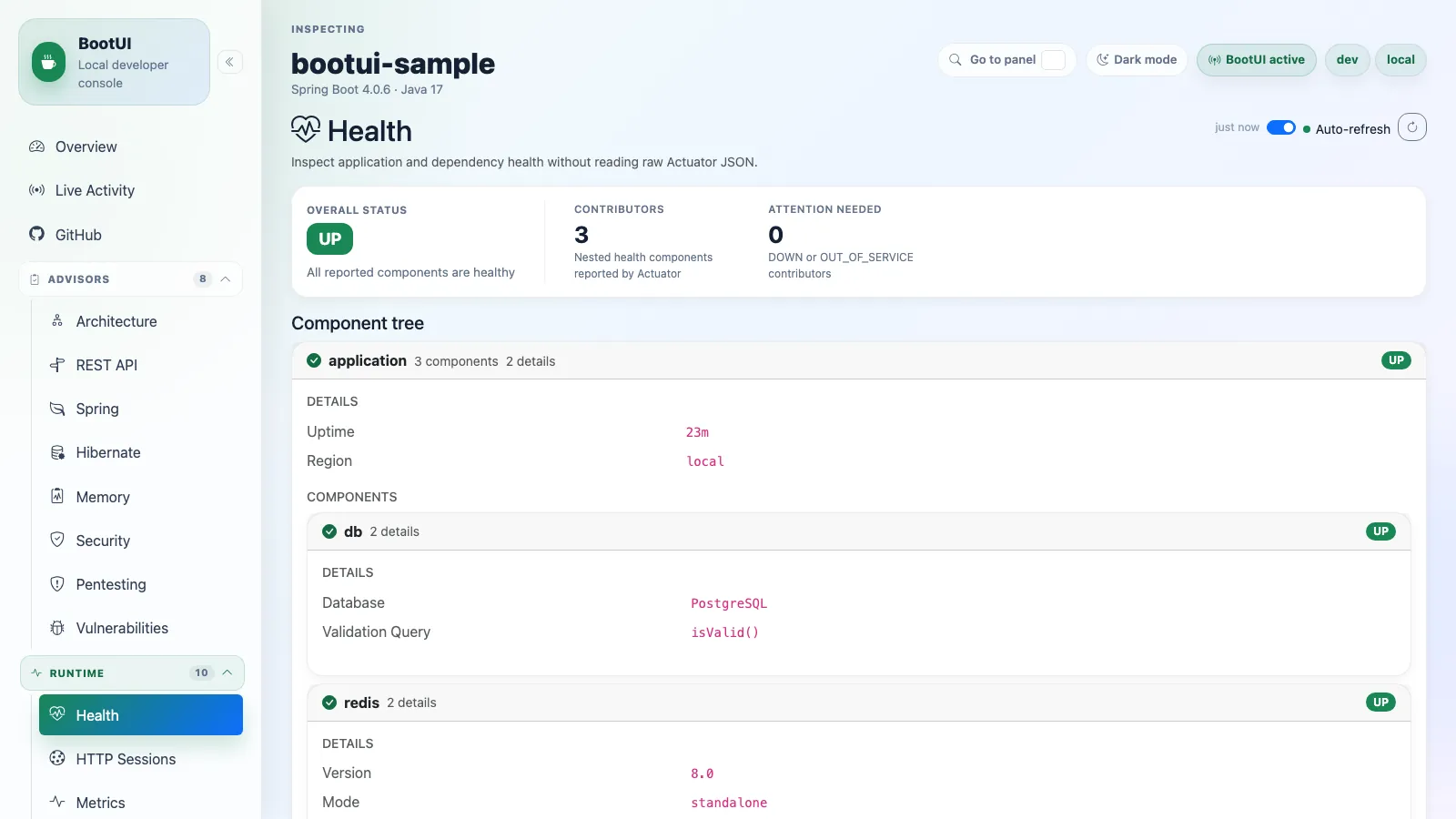 BootUI Health panel