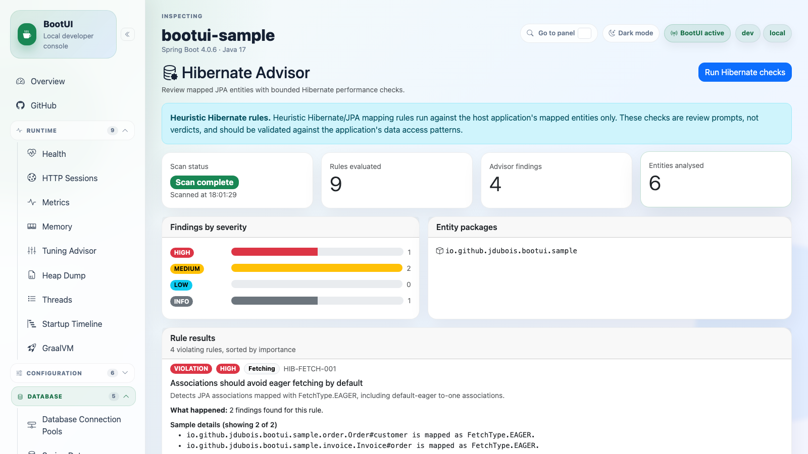 BootUI Hibernate Advisor panel