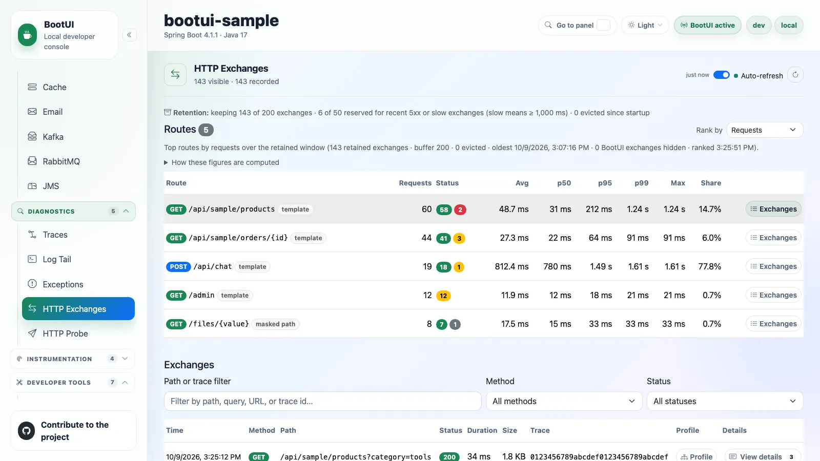 BootUI HTTP Exchanges panel