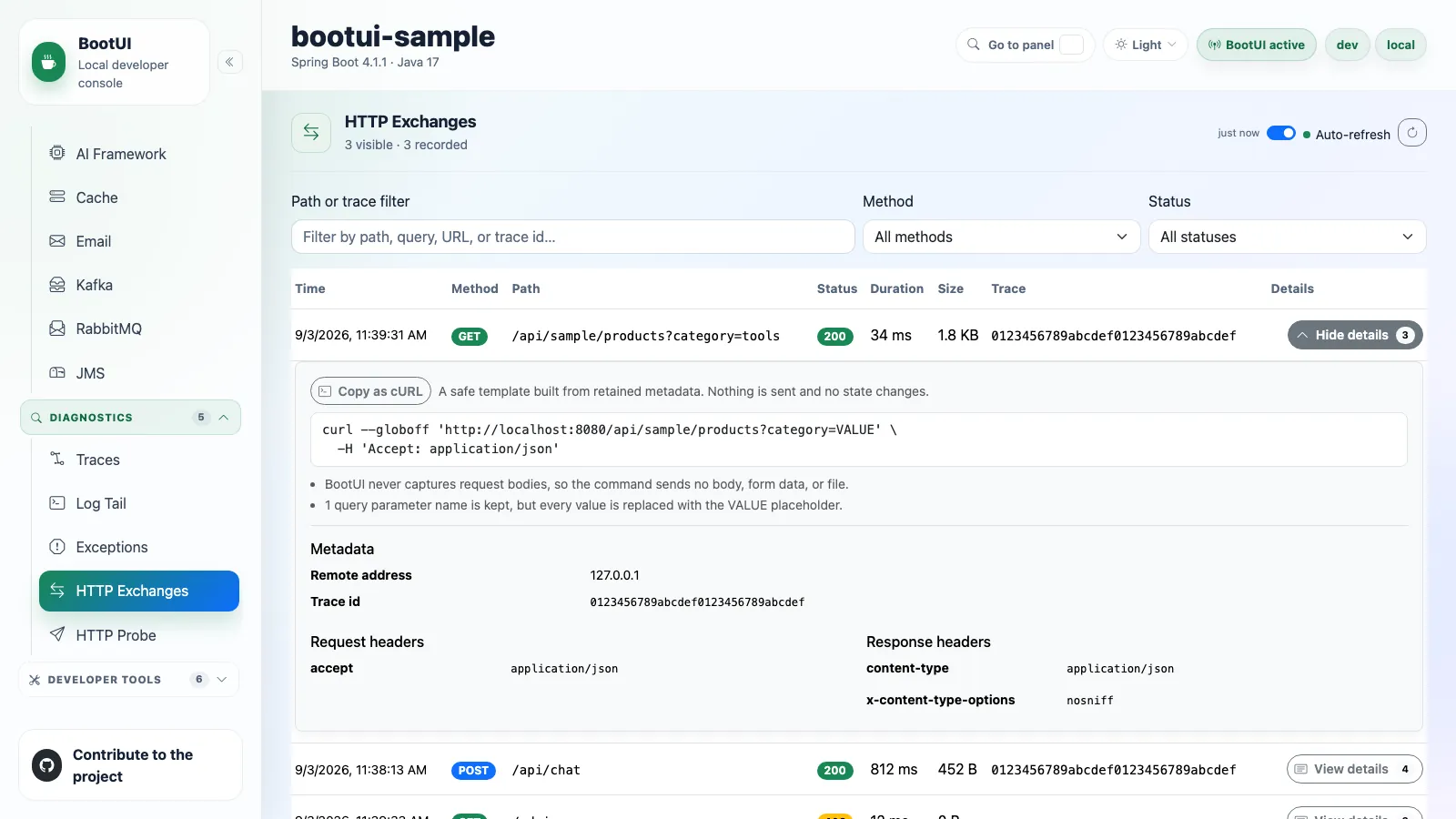 BootUI HTTP Exchanges panel