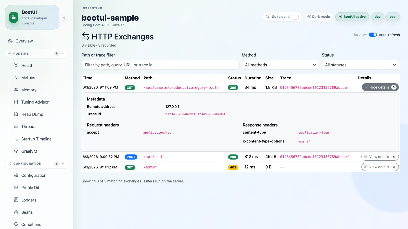 BootUI HTTP Exchanges panel