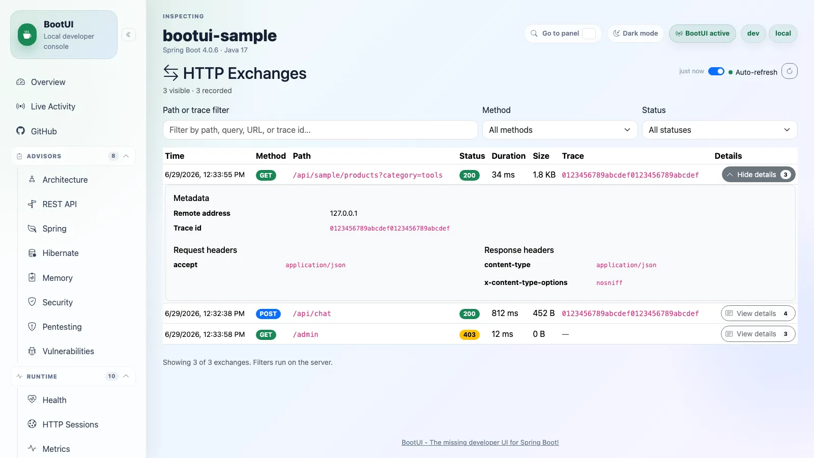 BootUI HTTP Exchanges panel