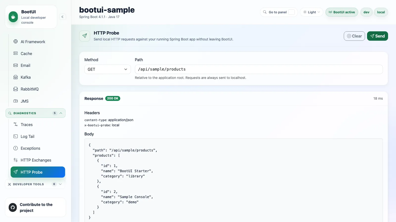 BootUI HTTP Probe panel