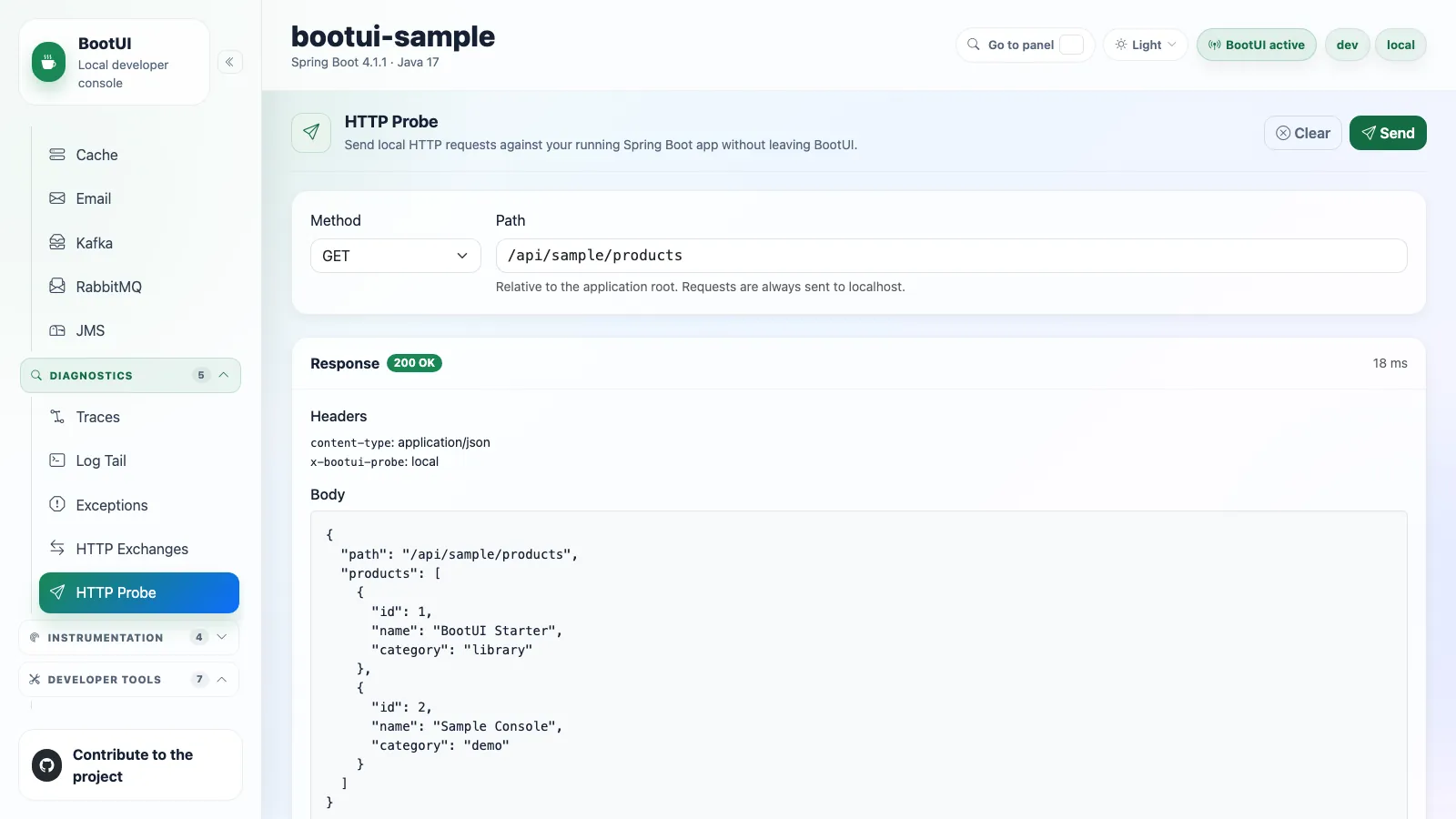 BootUI HTTP Probe panel