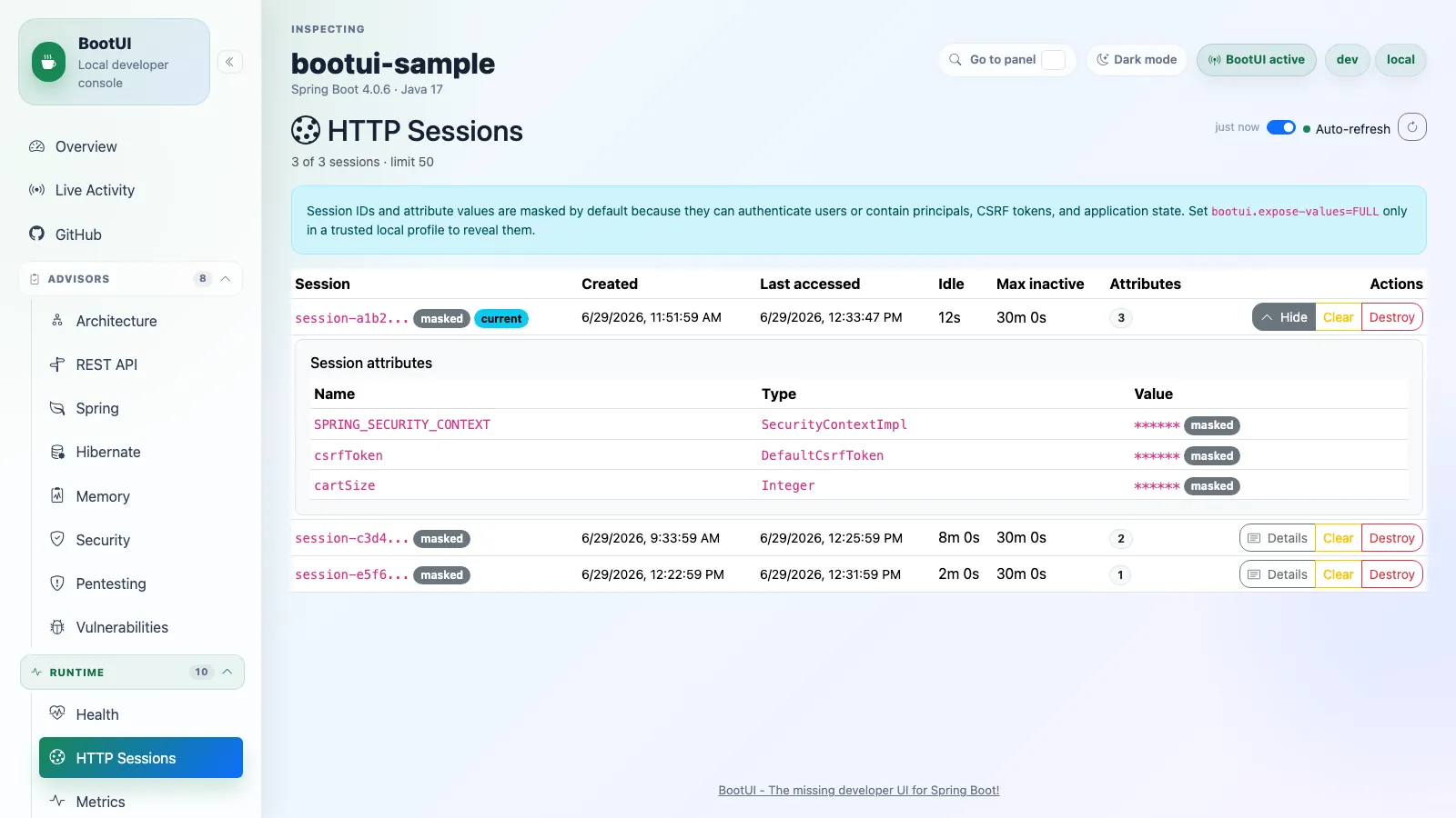 BootUI HTTP Sessions panel
