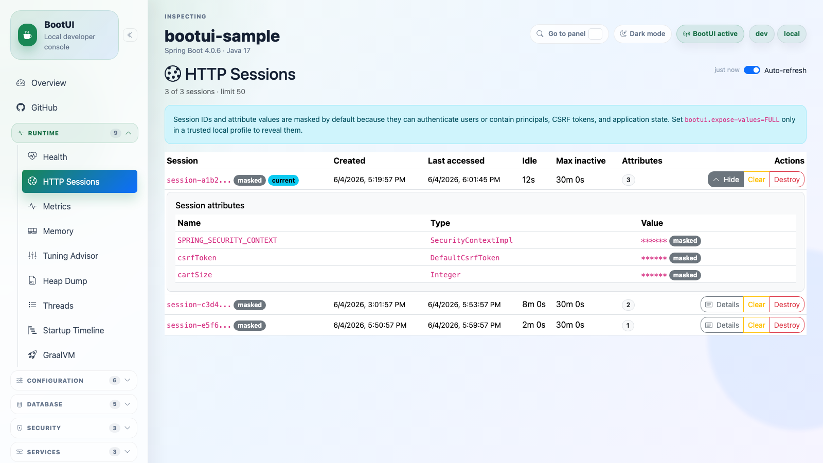 BootUI HTTP Sessions panel